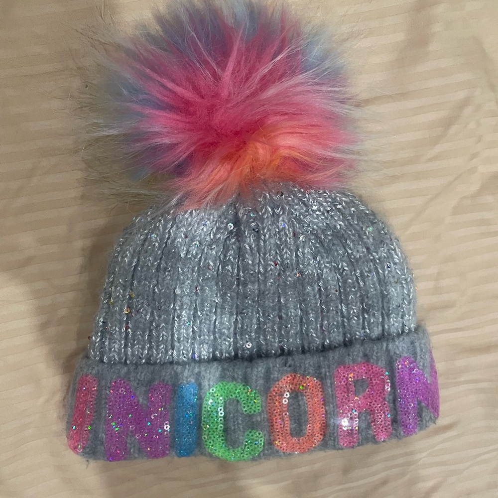 Place Gray Knit Beanie with Multicolor Pom Pom